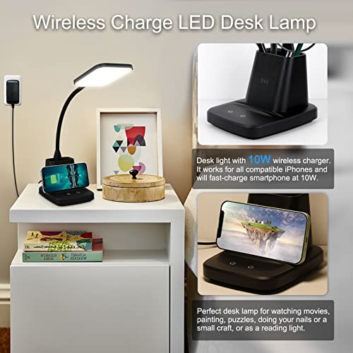 Desk Lamp, LED Desk Lamps for Home Office, Wireless Charger Small Desk Lamp with Pen Holder, 3 Color Modes, Dimmable, CRI 85, 800LM, Study Lamps for College Dorm Room, Adapter Included, Black
