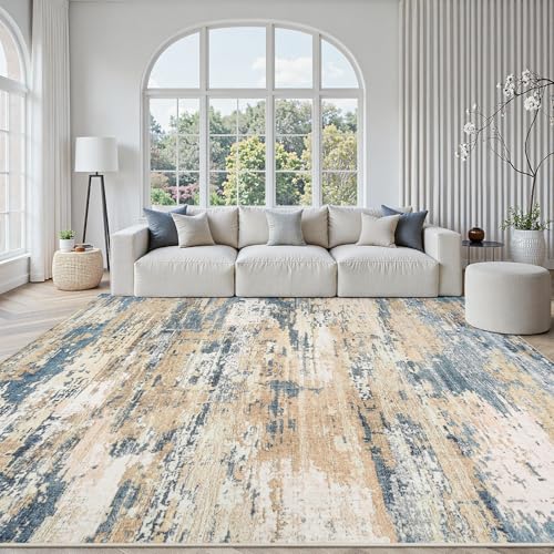 9x12 Area Rugs for Living Room Large Washable Abstract Rug Brown/Blue