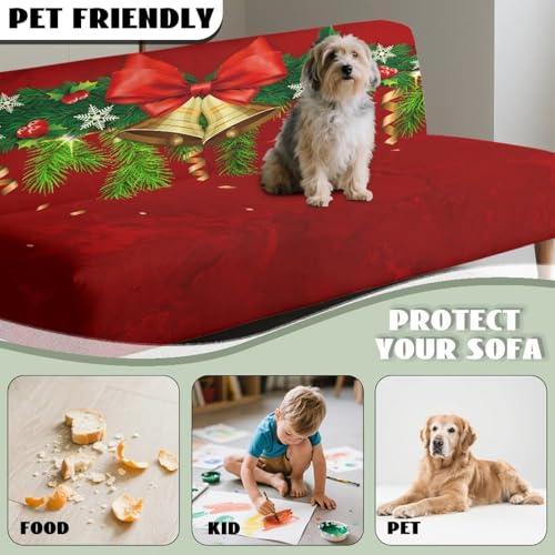 Christmas Jingle Bell Bow Tie Armless Sofa Slipcovers Futon Cover Stretch Fabric Sofa Couch Bed Covers Furniture Protectorfor Kids Pets Dog and Cat