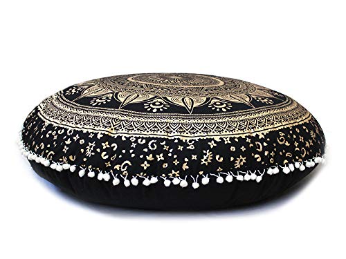 CRAFT KALA 32" Bohemian Floor Pillow Cover Boho Large Round Pouf Cover Mandala Meditation Room Pillows Cover for Adults Seating Poufs Cushion Cover for Kids Playroom Black Gold Trishul