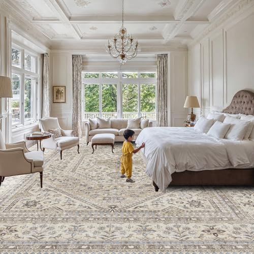 12x15 Washable Area Rug for Living Room - Non-Slip Vintage Rugs Beige Gray