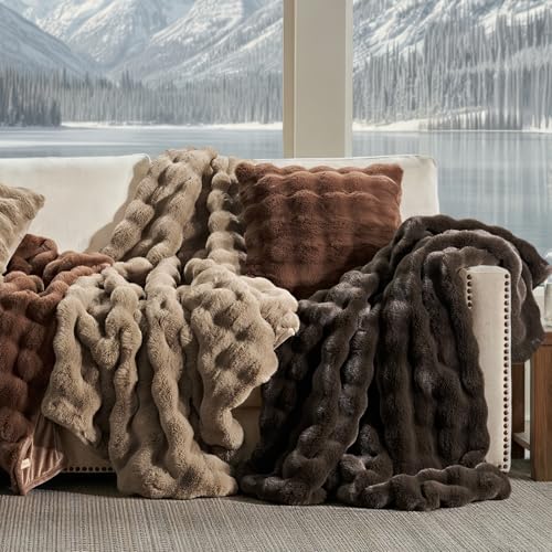 EverGrace Ultra Soft Luxury Fluffy Faux Rabbit Fur Throw Blanket, Thick Warm Bubble Throw for Bed, Cozy Plush Reversible Blankets for Couch, Chair, Sofa, Greige, 60x80 Inches