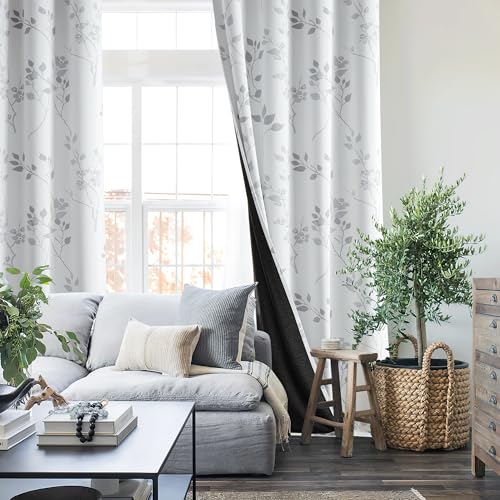 Beauoop Floral 100% Blackout Curtains 84 Inches Long 2 Panels for Bedroom Living Room Grey White Flower Patterned Room Darkening Thermal Insulated Soundproof Grommet Window Treatments Drapes, 52X84