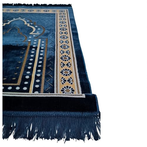 Prayer Mat Rug for Muslim Men, Women or Kids, Portable Praying Mat and Prayer Beads Sets for Islamic Gifts – Muslim Prayer Rug For Ramadan, Umrah, Hajj - Turkish Rug for Meditation and Worship (BLUE)
