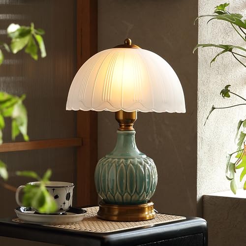 Vintage Table Lamp for Living Room,16" Mid Century Modern Ceramic Lamps for Bedroom,Retro Bedside Nightstand Mushroom Glass Lamps, Classic Chinoiserie Green Lamp for Home Decor (LD002)