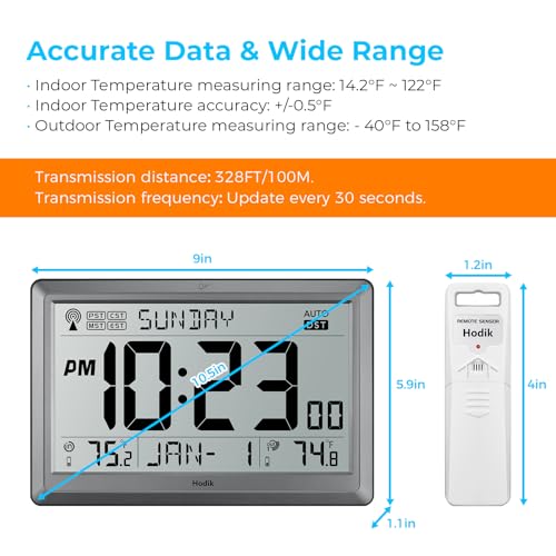 HODIK Wall Clock Atomic with Indoor Outdoor Temperature Battery Powered, Easy Reading with 10.5 Inch LCD Display, 330FT Range Table Wall Clock with DST, 12/24 Hour for Living Room Kitchen (Silver)