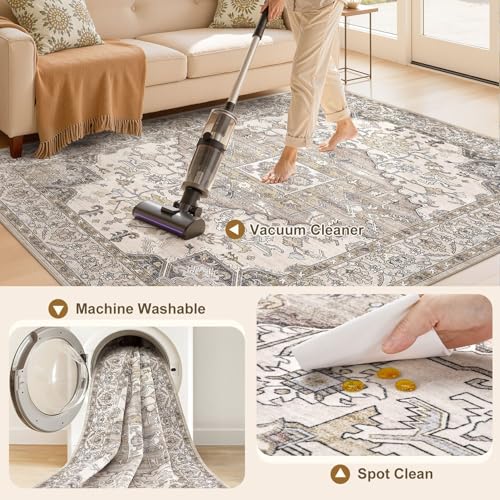 8x10 Area Rugs for Living Room: Non Slip Neutral Washable Brown Rug, Soft Stain Resistant Indoor Floor Carpets for Bedroom Dining Decor Farmhouse Home Office Kid & Pet Friendly