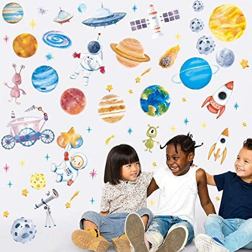 Zonon 6 Sheets Outer Space Astronaut Wall Stickers Space Planets Decal Solar System Decals Galaxy Astronaut Rocket Alien Wall Mural for Boys Kids Classroom Nursery Bedroom Home Decoration