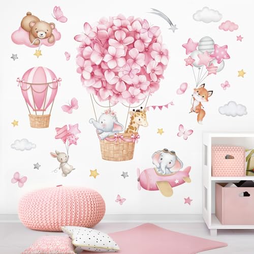 wondever Animals Hot Air Balloon Wall Stickers Flowers Elephant Giraffe Bear Airplane Wall Art Decals for Girls Room Baby Nursery Kids Bedroom