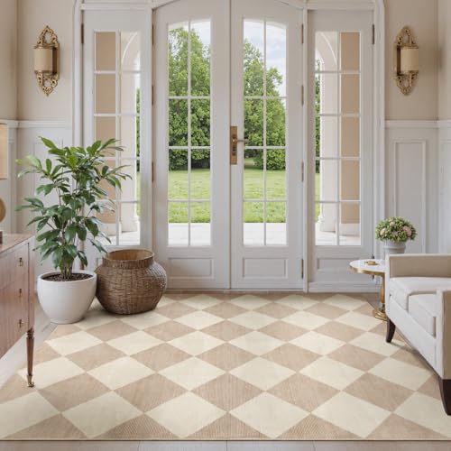 Checkered Print 5x7 Washable Area Rugs for Bedroom, Non Slip Ultra Thin Beige Rugs for Living Room, Geometric Plaid Dorm Decor Soft Low Pile Carpet for Office Kids Room Classroom