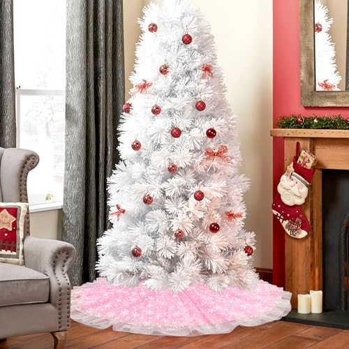 Christmas Wedding Tree Skirt, 4 Layer 47 in Snowflake Tulle Tree Decoration for Party Indoor, Fluffy Tree Cover Mat Ornament for Holiday, Pink
