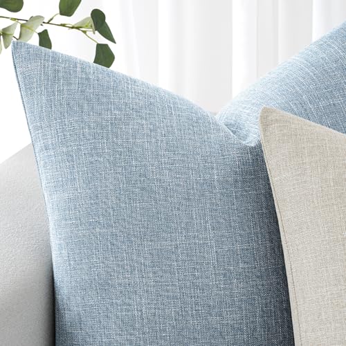 MIULEE Pack of 2 Decorative Linen Burlap Textured Pillow Covers Farmhouse Boho Accent Pillowcases Spring Coastal Home Decor for Couch Sofa Bedroom Living Room 18x18 Inch Light Blue