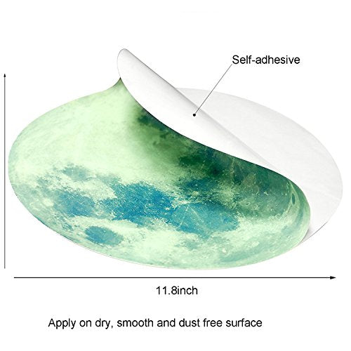 Glow in The Dark Moon Wall Decals 11.8 inch Luminous Sticker at Night, Perfect Ceiling or Wall Decor for Kids' Bedroom