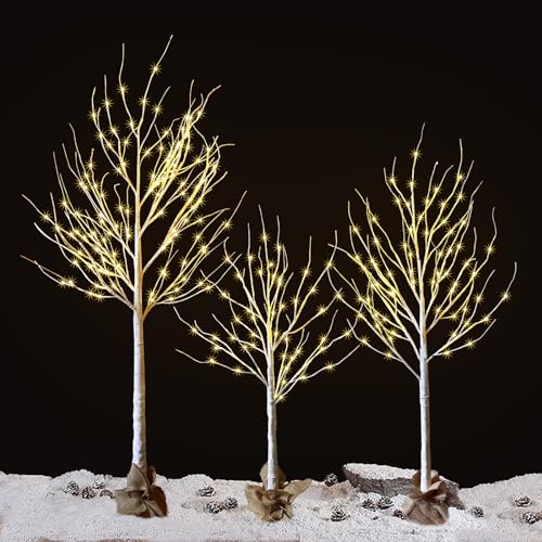 HOLILLUMA Outdoor Christmas Decoration LED Lighted Birch Trees 3 Packs | Christmas Trees with Burlap Decor, Warm White LED Lights, Power Supply by Adapter, Waterproof ,Home Decor(4FT&5FT&6FT)
