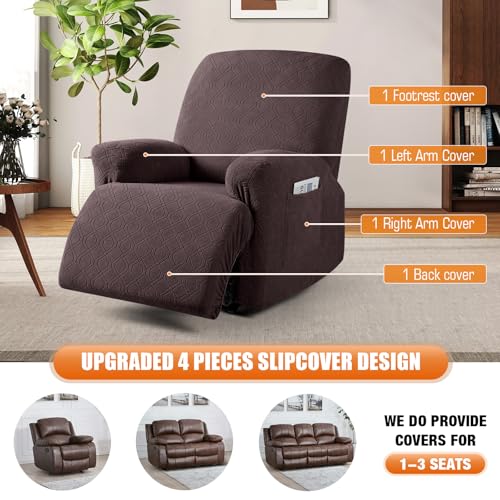 VANSOFY Oversized Recliner Chair Cover, 4-Pieces Stretch Recliner Covers for Recliner Chair Soft Reclining Chair Slipcover Jacquard Pattern Furniture Protector for Dogs Cats(Dark Coffee)