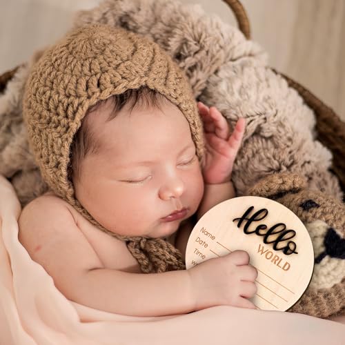 Baby Announcement Sign, 5.9 Inch Wooden Hello World Newborn Welcome Sign Birth Baby Name Plaques for Photo Props Baby Shower Hospital Nursery(Black)