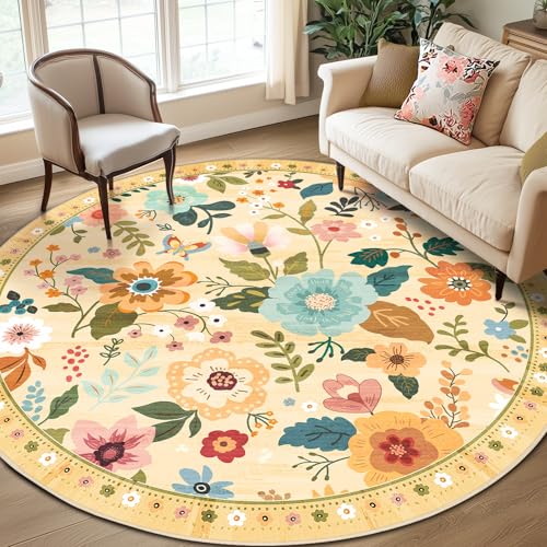 RELEANY Floral Washable Round 8ft Area Rug Yellow/Orange