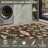 ROYHOME Mushroom Washable Rug 5x7 Area Rugs for Living Room, Insect Print Rug for Bedroom, Non Slip Throw Carpet with Rubber Back, Soft Low Pile Dining Room, Brown
