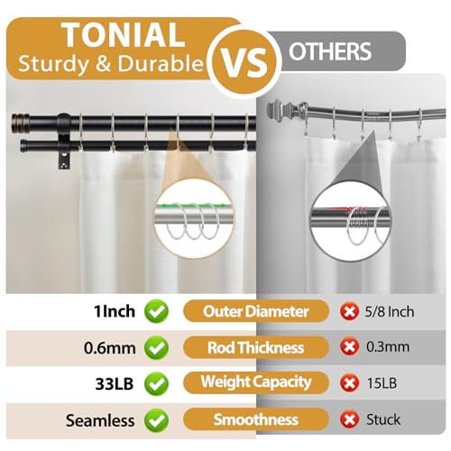 TONIAL1 Inch Double Curtain Rods for Windows 66 to 120 Inches, Heavy Duty Decorative Drapery Rod 32 to 144 Inches with Classic Cap Finial, Black