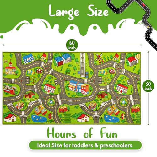 Kids Carpet Playmat City Life 3D Playroom Rug | 30 x 60 Inch Extra Large Toddler Activity Mat for Race Cars & Toys | Playroom Rug Makes a Fun Educational Gift Idea for Boys & Girls (Green)