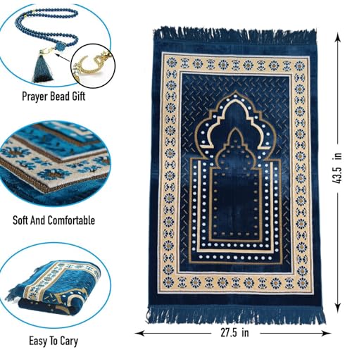 Prayer Mat Rug for Muslim Men, Women or Kids, Portable Praying Mat and Prayer Beads Sets for Islamic Gifts – Muslim Prayer Rug For Ramadan, Umrah, Hajj - Turkish Rug for Meditation and Worship (BLUE)
