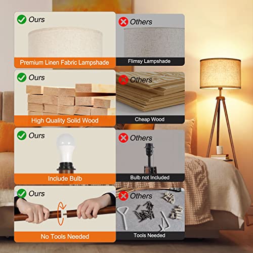 OUTON Wood Tripod Floor Lamp with Shelves, Mid Century LED Modern Dimmable Floor Lamp with Remote Control, Sturdy Tall Standing Lamp with Beige Linen Texture Shade for Living Room, Bedroom, Office