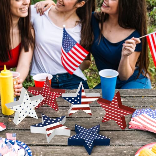 6 PCS 4th of July Wooden Signs, Red White Blue Star Patriotic Table Decor | Stable Base for Steady Standing, 4th of July Decorations, Table Shelf Tray Decor, 250th Anniversary, Memorial Day Display