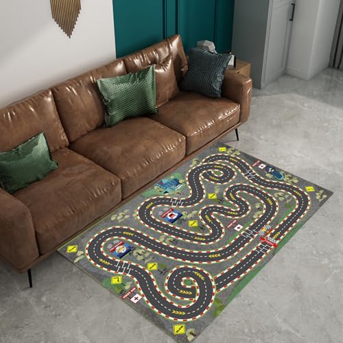 Kids Rug Car Rugs for Kids Toy Cars Play Mat City Life Road Rug for Cars Fun City Map for Carpet for Bedroom Boys (Wilderness Speed, 31 * 47 inches)