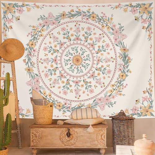 Neasow Bohemian Tapestry Wall Hanging, Beige Pink Floral Tapestry with Wild Flower Medallion Print Bedroom Boho Home Decor, White Wreath 36×48 inch