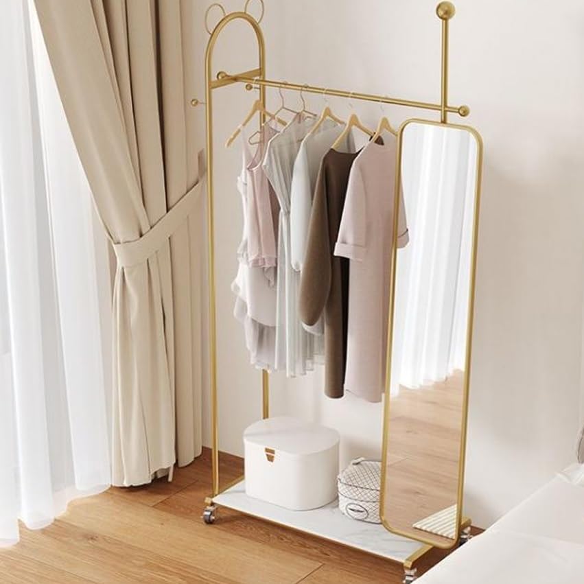 Standing Mirrors Full-Length Mirror Clothes Hanger Integrated rotatable Household Clothes Hanger Floor-Standing Vertical Cloakroom Dressing Mirror(Rose Gold)