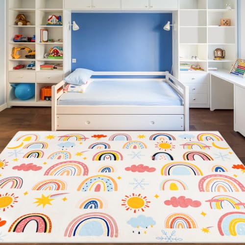 Rainbow Kids Rug 3'3" x 4'11", Soft Kid Area Rug, Large Washable Space Mat, Non-Slip Cute Rainbow Weather Kid Crawling Floor Mat for Living Room Playroom Classroom Bathroom(for Age 2+)
