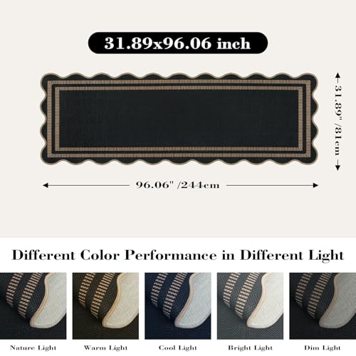 Scalloped 2.6x8 Kitchen Runner Rug, Washable Rugs for Entryway Non Slip Outdoor Indoor Black Long Rug, Farmhouse Modern Carpet for Hallway Bedroom