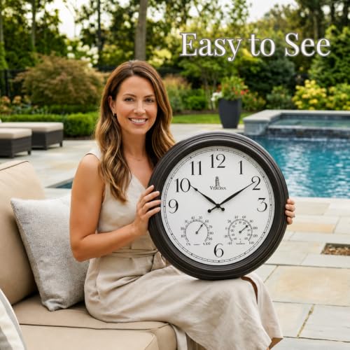 18 inch Outdoor Clocks for Patio Large Waterproof with Thermometer - Black Indoor Outdoor Clock with Temperature and Humidity for Wall - Weatherproof, Accurate & Easy to Read for Pool, Patio & Garden
