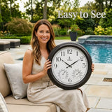 18 inch Outdoor Clocks for Patio Large Waterproof with Thermometer - Black Indoor Outdoor Clock with Temperature and Humidity for Wall - Weatherproof, Accurate & Easy to Read for Pool, Patio & Garden