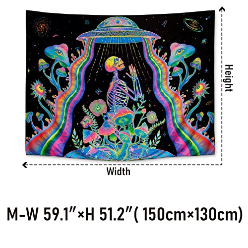 Galoker Blacklight Skeleton Tapestry Fantasy Plant Floral Tapestries UV Reactive Alien UFO Tapestry Galaxy Space Tapestries Wall Hanging for Home Decor(H51.2×W59.1 inches)