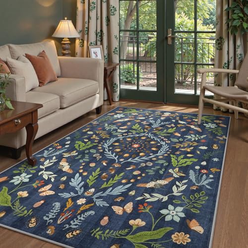 Lahome Washable Insect Botanical 5x7 Area Rugs for Nursery - Machine Washable Non-Slip Navy Blue Bedroom Rug, Boho Low Profile Soft Faux Wool Carpet for Living Room Laundry Playroom Dining Room