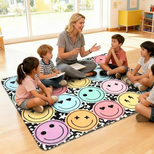 3.3x6.6 ft Pastel Smile Face Classroom Rug Composition Notebook Play Carpet Educational Area Rug Pastel Face Play Mat Non-Slip Back to School Floor Mat for Teaching Playroom Nursery Daycare Home Decor