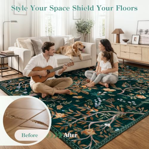 Boho Floral Rug Runners for Hallways Non Slip, Flower 2.5x8 Kitchen Runner Rug Washable, Soft Botanical Indoor Carpet Floor Runner for Entrance Bedroom Bedside, Dark Green