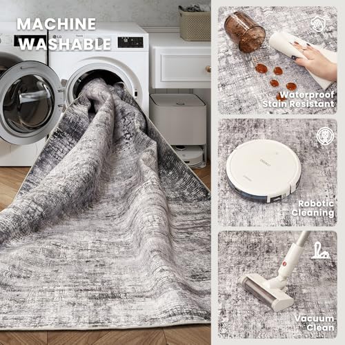 5x7 Black Gray Washable Area Rug for Living Room, Vintage Print