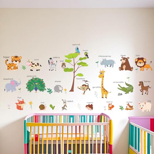 LOMILY Animal Learning Wall Stickers, Educational Cute Animal Wall Decals for Nursery Playroom Daycare, Wall Decor for Toddler Baby Boys Girls