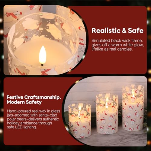 Bear Christmas Glass Flameless Pillar Candles with Remote Set of 3