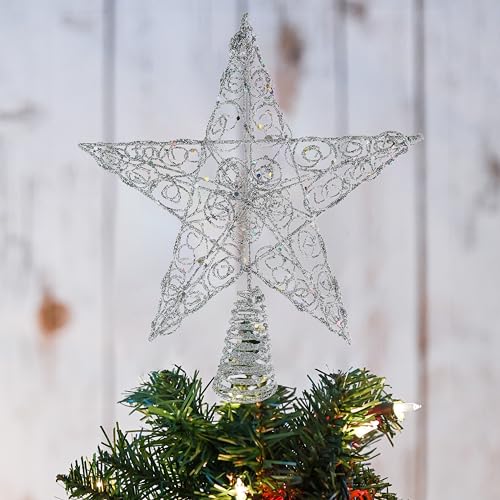 Ornativity Silver Star Tree Topper - Christmas Swirl Design Sparkle 3-D Dimensional Hallow Xmas Trees Top Star Decor Treetop Ornament Decorations