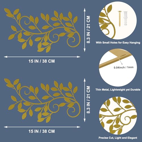 ESTART 2 Pieces Metal Tree Leaf Wall Decor Vine Olive Branch Leaf Wall Art Wrought Iron Scroll Sculptures for Above the Bed, Living Room, Bedroom, Hallway, Indoor and Outdoor Decoration (Gold)