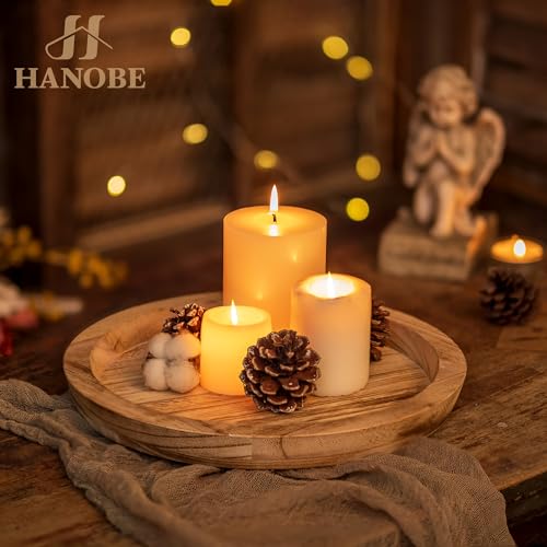 Hanobe Wooden Decortaive Coffee Table Tray, Round Candle Holder Centerpiece