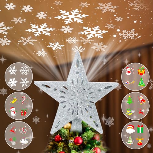 Christmas Tree Topper Projector Lights with 6 Projection Modes, Sliver Star Christmas Tree Topper with Built-in LED Projector, Dynamic Projection for Christmas Party Holiday Decoration