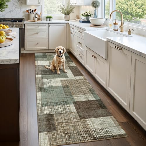 Washable 2x6 Runner Rug for Hallway Kitchen Bedroom, Green
