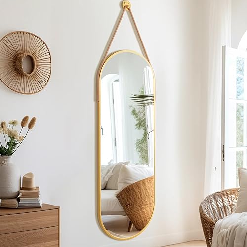 Dewfig 16"x48" Oval Full Length Mirror with Leather Strap Hanging Mirror with Aluminum Frame, Oval Gold Wall-Mounted Mirrors for Living Room Bedroom Entryway Décor, Gold