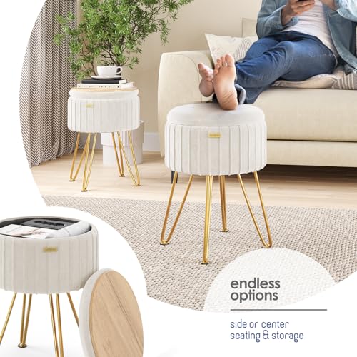 Round Ottoman with Storage, Pleated Velvet Storage Ottoman, Foot Stool Ottomans, Makeup Vanity Stool, Small Ottomans Foot Rest, Modern Vanity Stools for Living Room and Bedroom, Blue