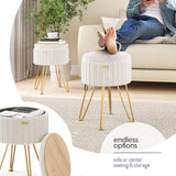 Round Ottoman with Storage, Pleated Velvet Storage Ottoman, Foot Stool Ottomans, Makeup Vanity Stool, Small Ottomans Foot Rest, Modern Vanity Stools for Living Room and Bedroom, Blue