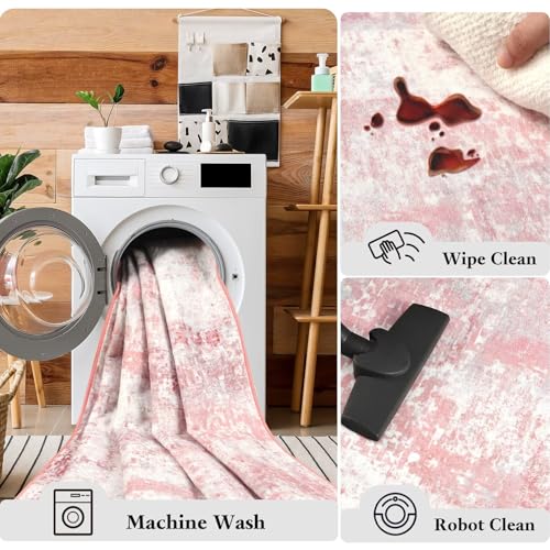 Macgace Washable Abstract Runner Rug, 2x6 Modern Area Rugs with Non-Slip Rubber Backed for Kitchen, Thin but Soft Contemporary Carpet Bedroom Entryway Hallway Decor, Pink